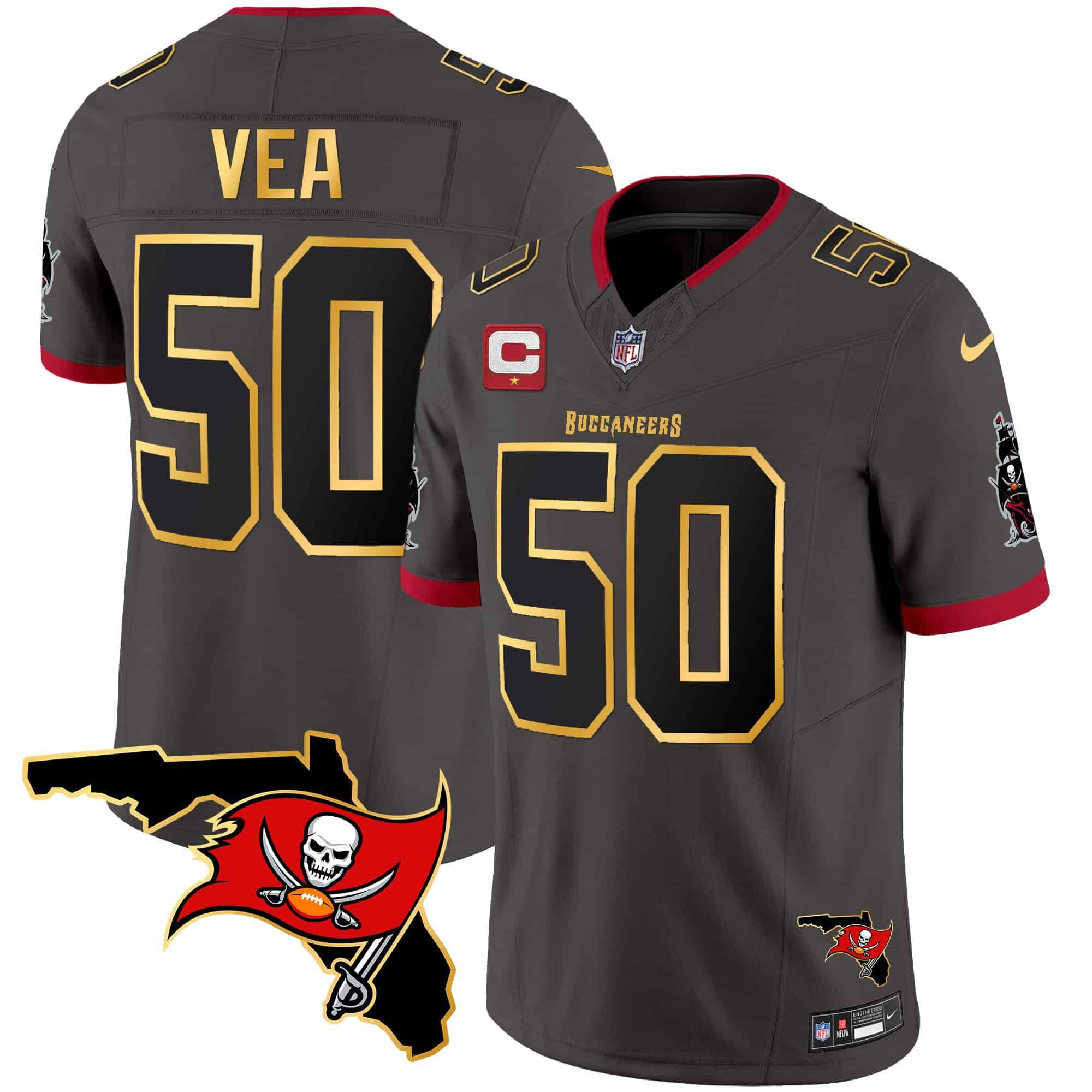 Men Tampa Bay Buccaneers 50 Vea Grey 2024 Nike Florida Patch Gold Trim Vapor NFL Jersey
